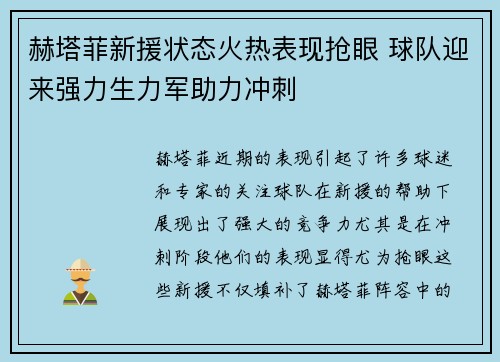 赫塔菲新援状态火热表现抢眼 球队迎来强力生力军助力冲刺