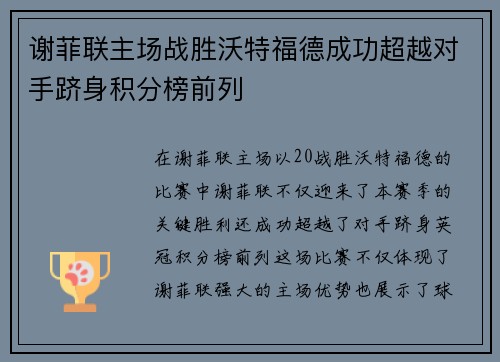 谢菲联主场战胜沃特福德成功超越对手跻身积分榜前列