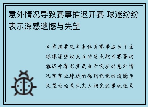 意外情况导致赛事推迟开赛 球迷纷纷表示深感遗憾与失望